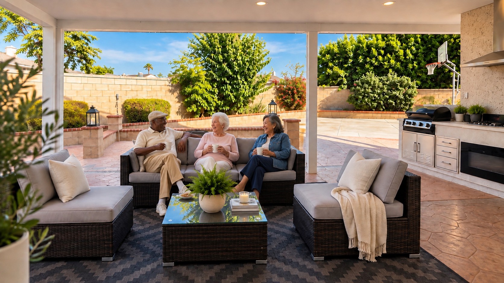 Three residents laughing over coffee on the sofa of a covered backyard patio at an Abundant Living home