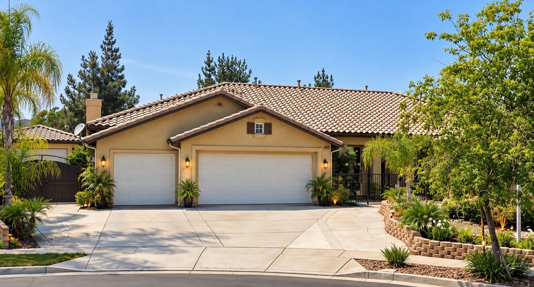 The Corona Home — a yellow stucco house with a tile roof and a three-car garage