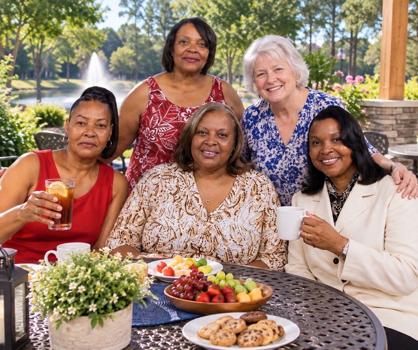 Five friends gathered around a garden patio table with coffee, iced tea, and fresh fruit
