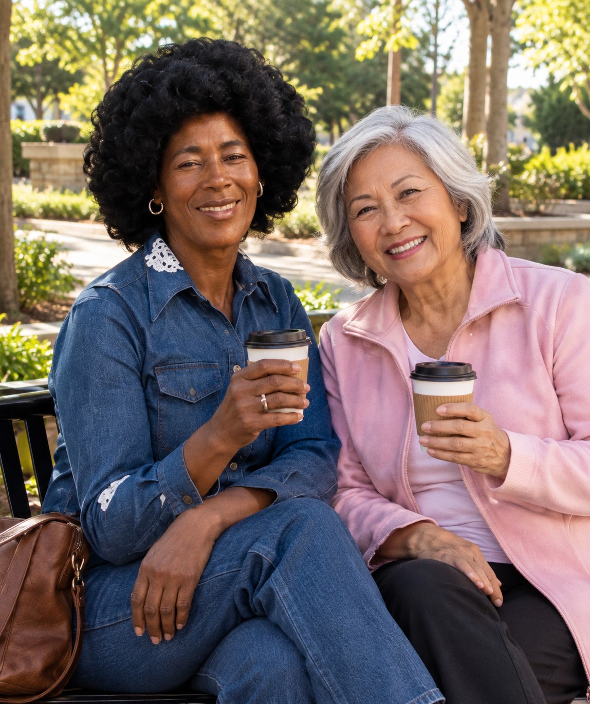 Two residents enjoying coffee together outdoors at Abundant Living