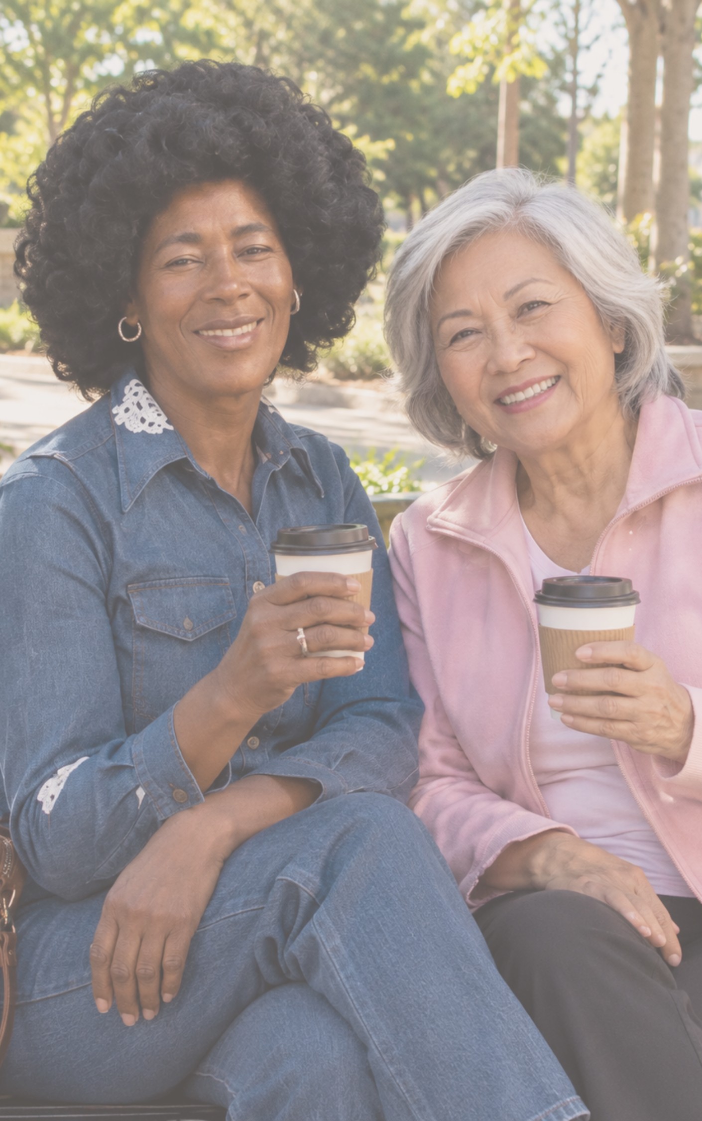 Two residents laughing together over coffee