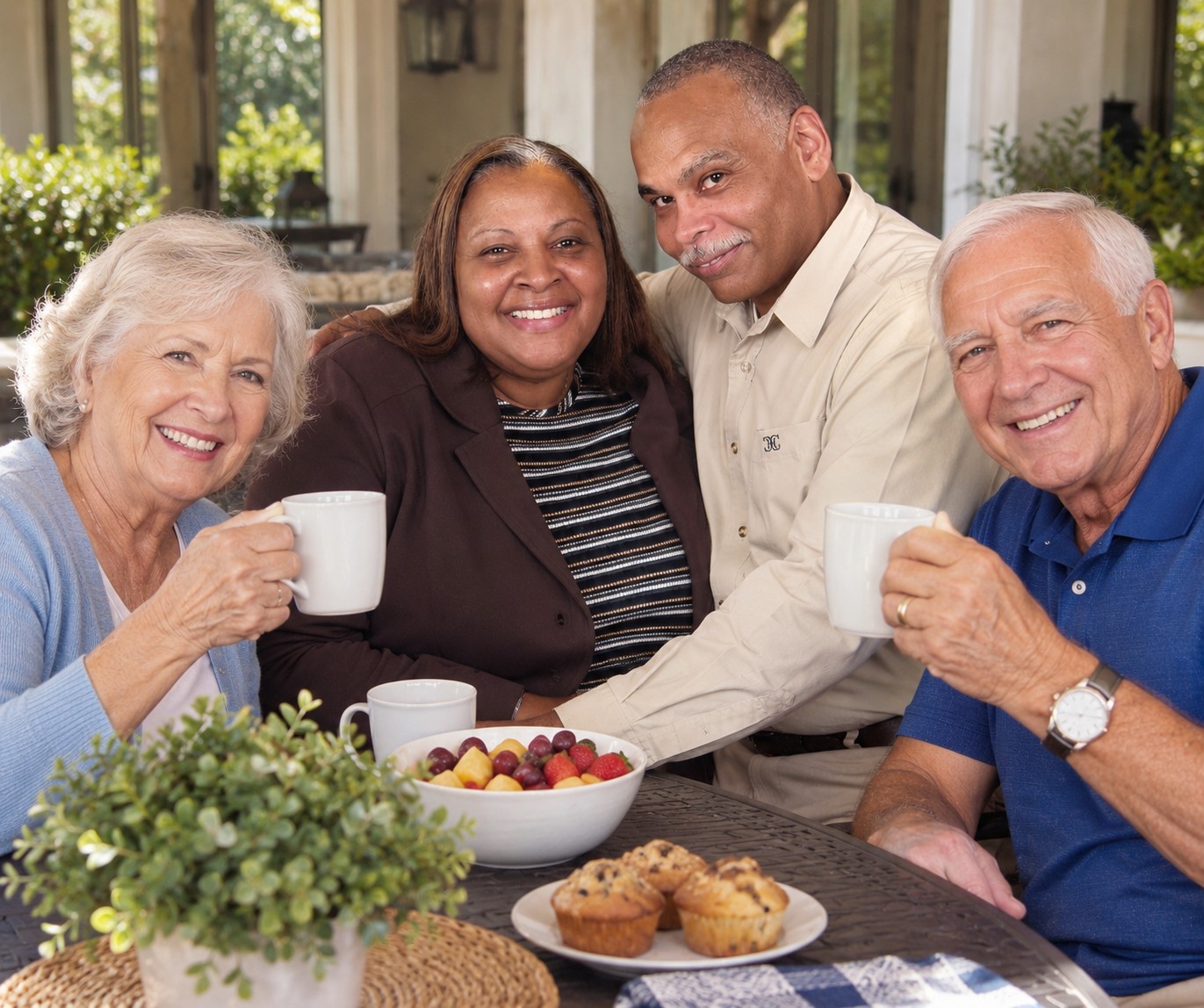 Residents and friends sharing coffee and conversation around the table
