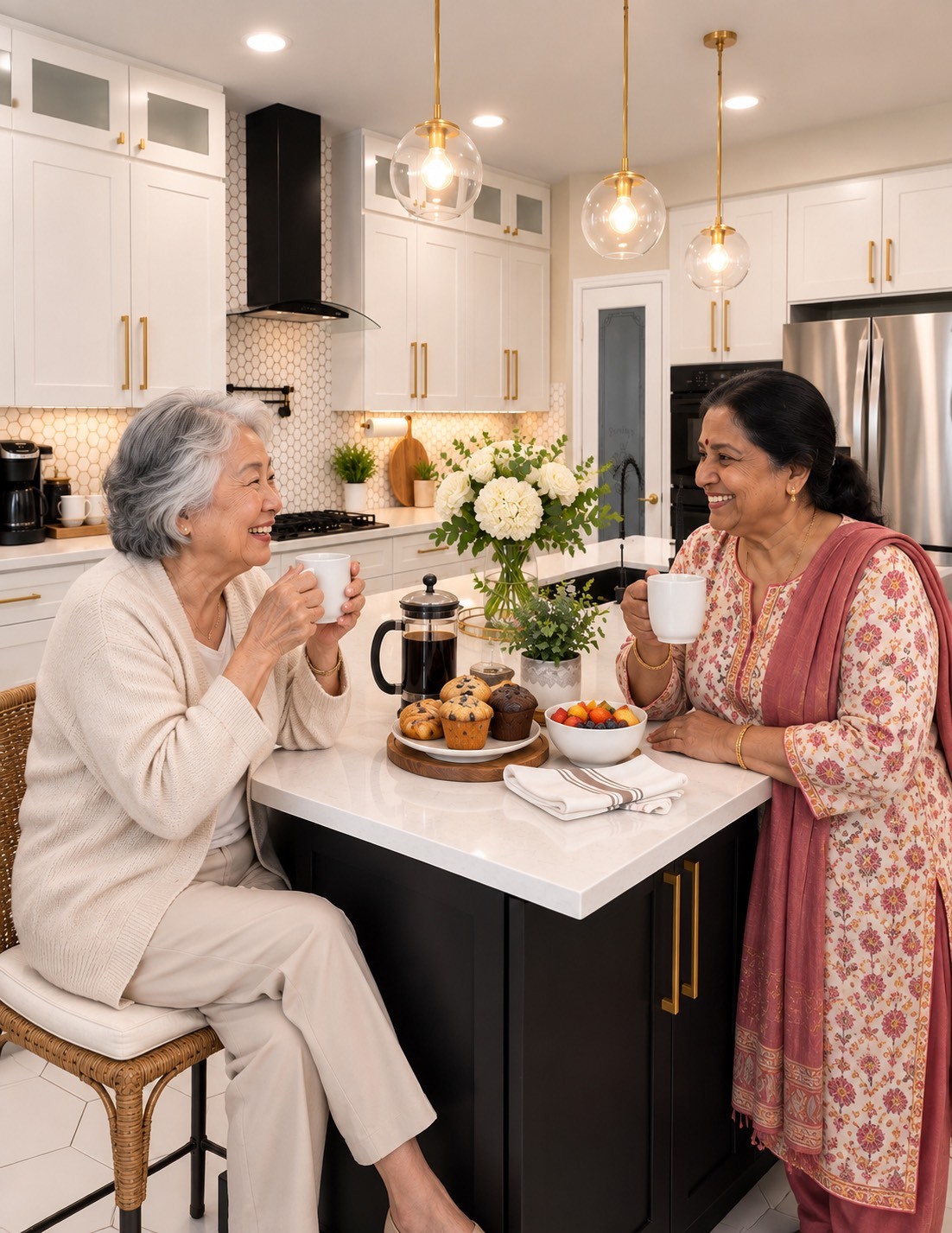 Two residents sharing coffee at the island of a bright, remodeled Abundant Living kitchen